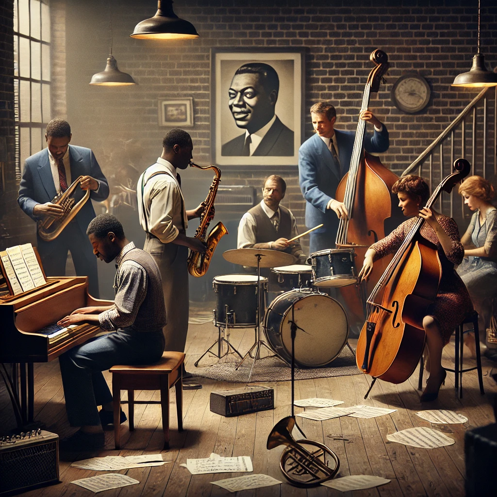 A mid-20th century jazz rehearsal scene.