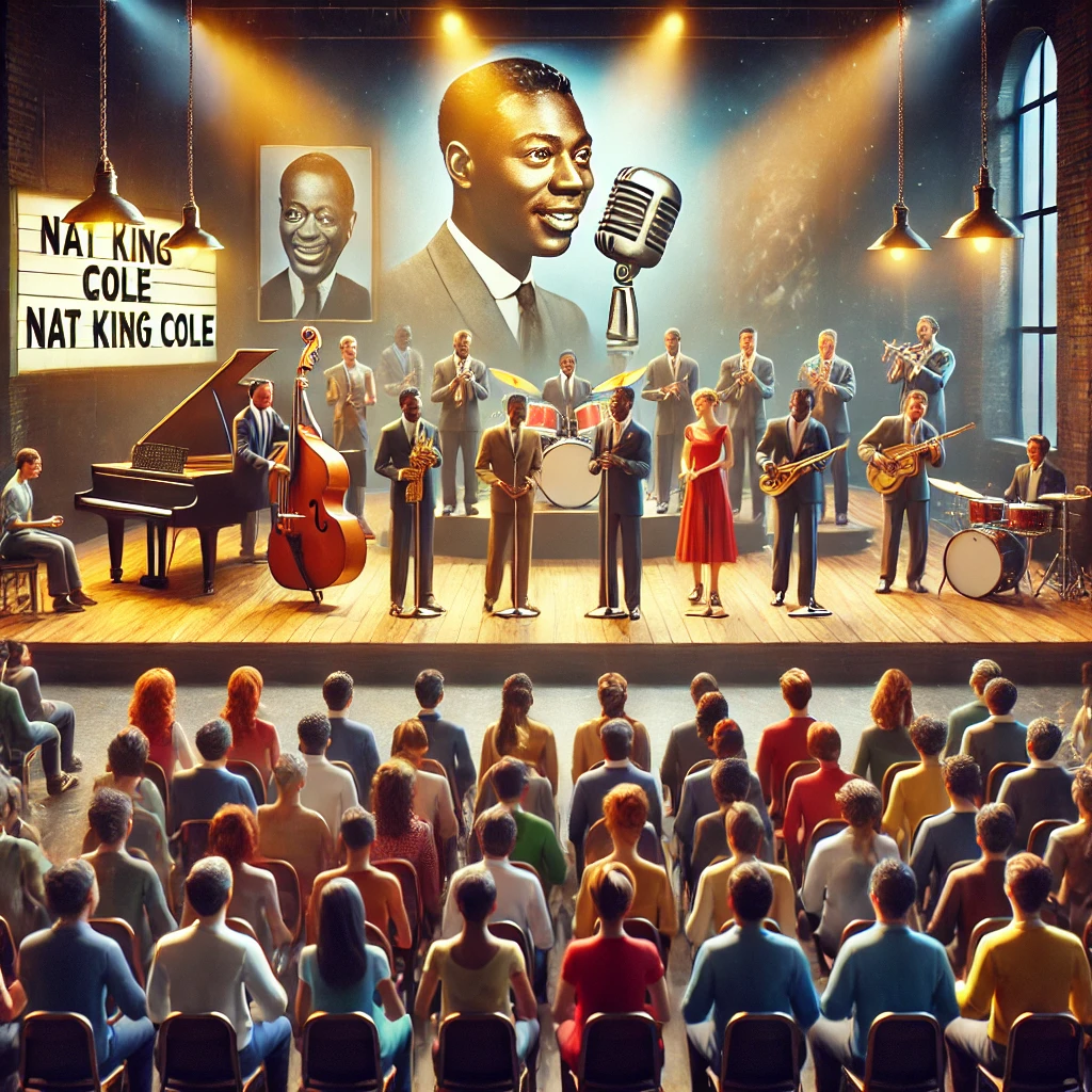 Musicians performing Nat King Cole’s jazz hits on a brightly lit stage.