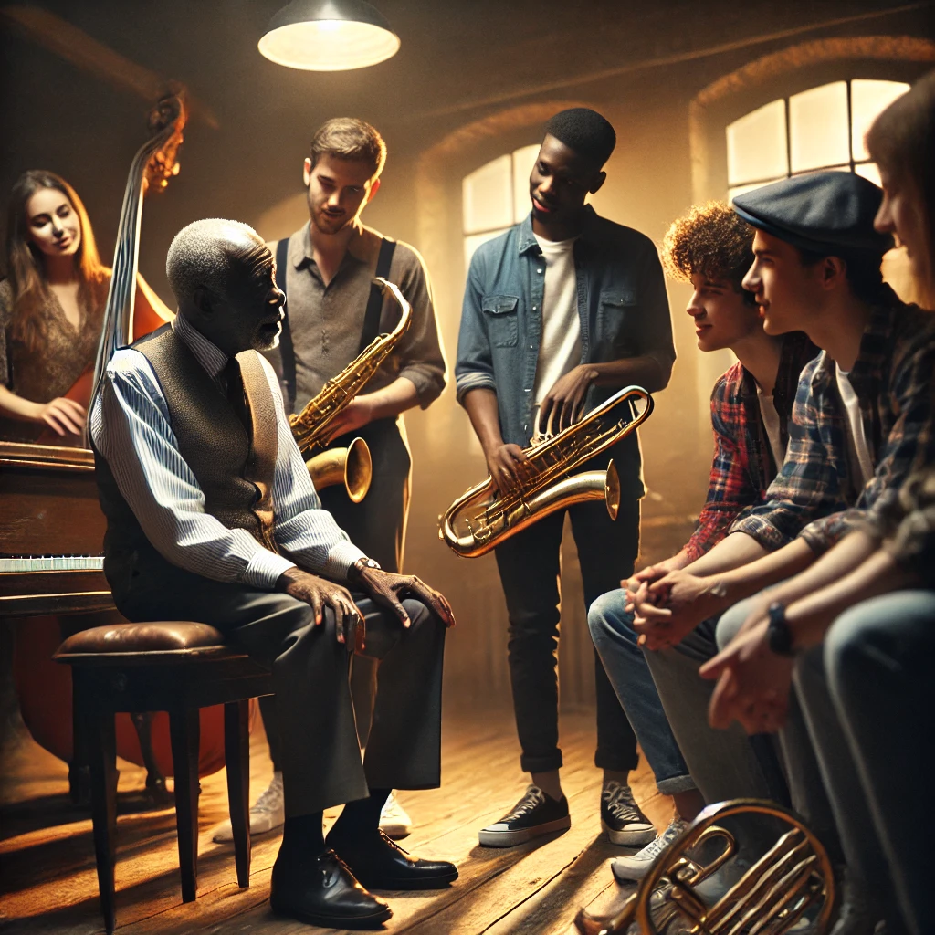 A touching scene of an older African American jazz pianist, surrounded by young aspiring musicians, sharing stories about Nat King Cole.