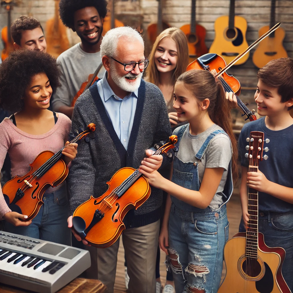 Students receiving instruments from a kind benefactor.