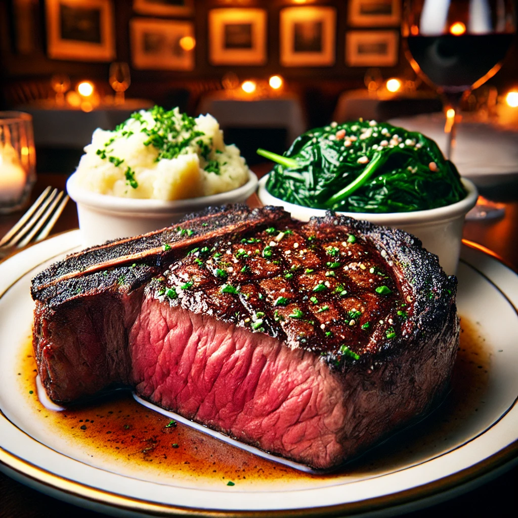 A beautifully plated dry-aged Porterhouse steak from Keens Steakhouse, charred on the outside, juicy and pink in the middle, with a side of creamed spinach.