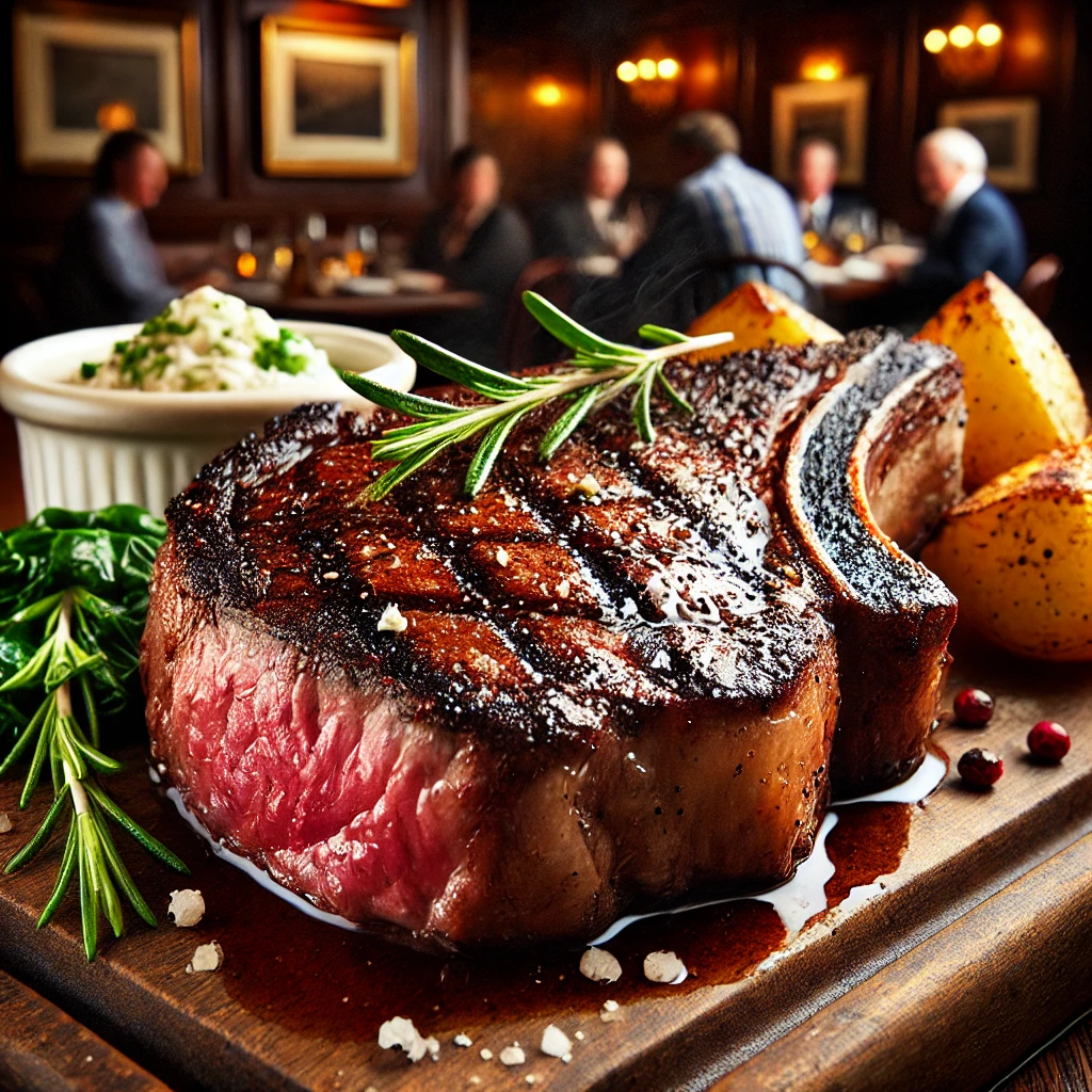 A sizzling medium-rare Porterhouse steak from Peter Luger Steakhouse, with a charred crust and a juicy pink center.