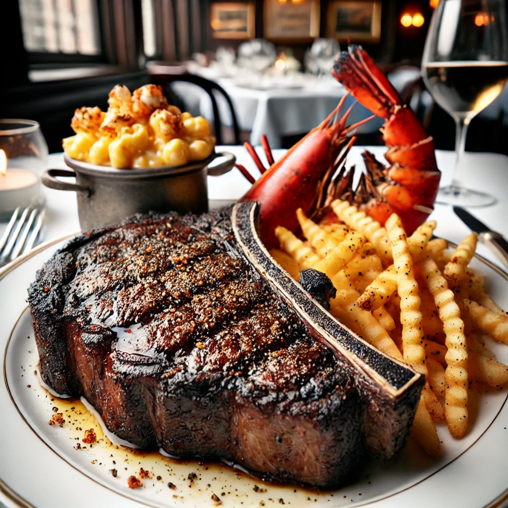 A perfectly cooked boneless ribeye steak from Delmonico’s, seasoned and grilled, with rich marbling and a juicy texture.
