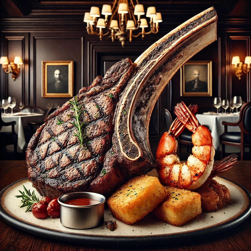 A bone-in ribeye steak from Smith & Wollensky, grilled to a perfect medium-rare with a deep char. The steak is served with a side of hash browns.