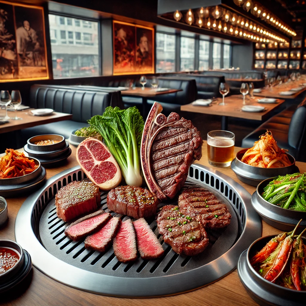 A premium Butcher's Feast selection from Cote NYC, featuring various cuts of USDA Prime beef like ribeye and hanger steak, cooked on a Korean tabletop.