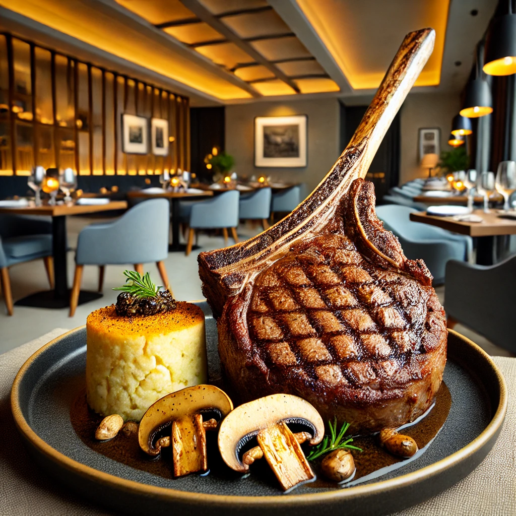 A thick, juicy Tomahawk ribeye steak from Bowery Meat Company, grilled to perfection with a rich crust. The steak is served with a side of creamy polenta.