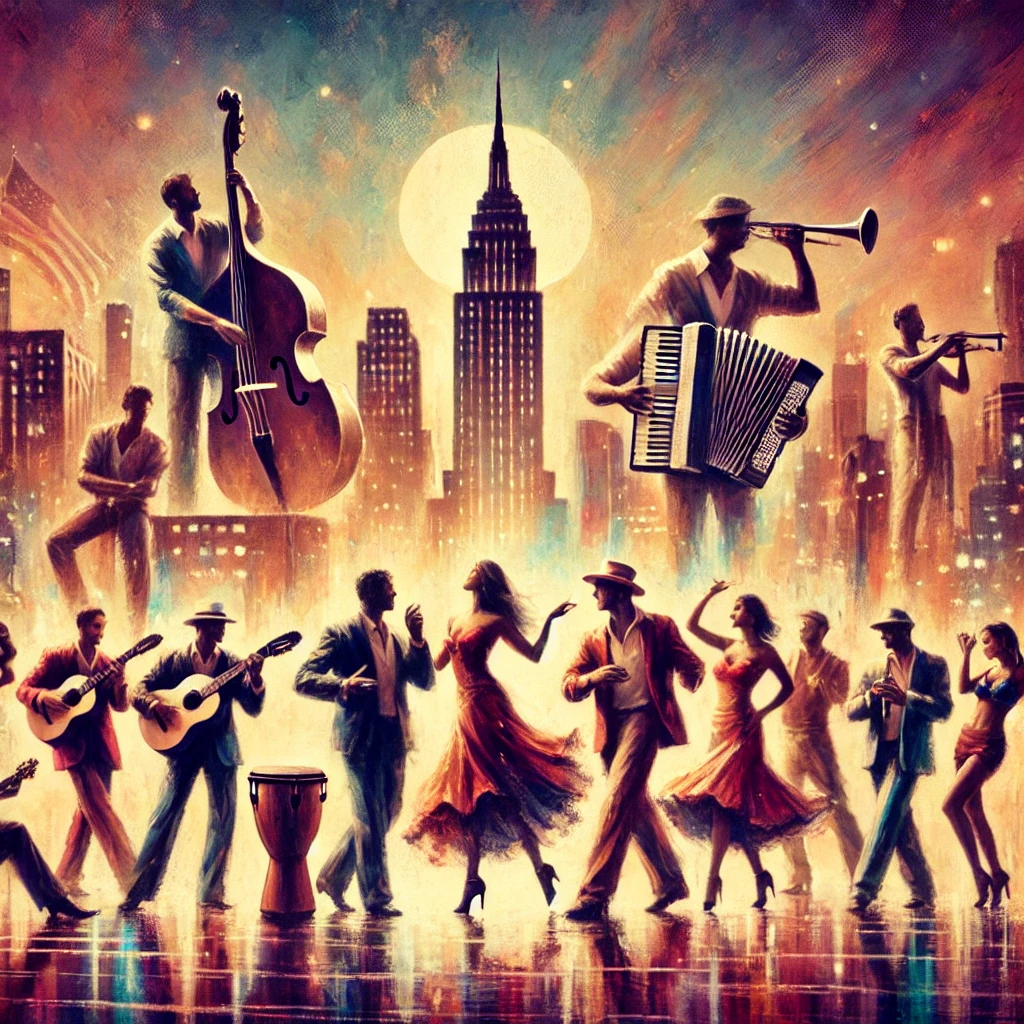 Latin music performers and dancers celebrating in New York City