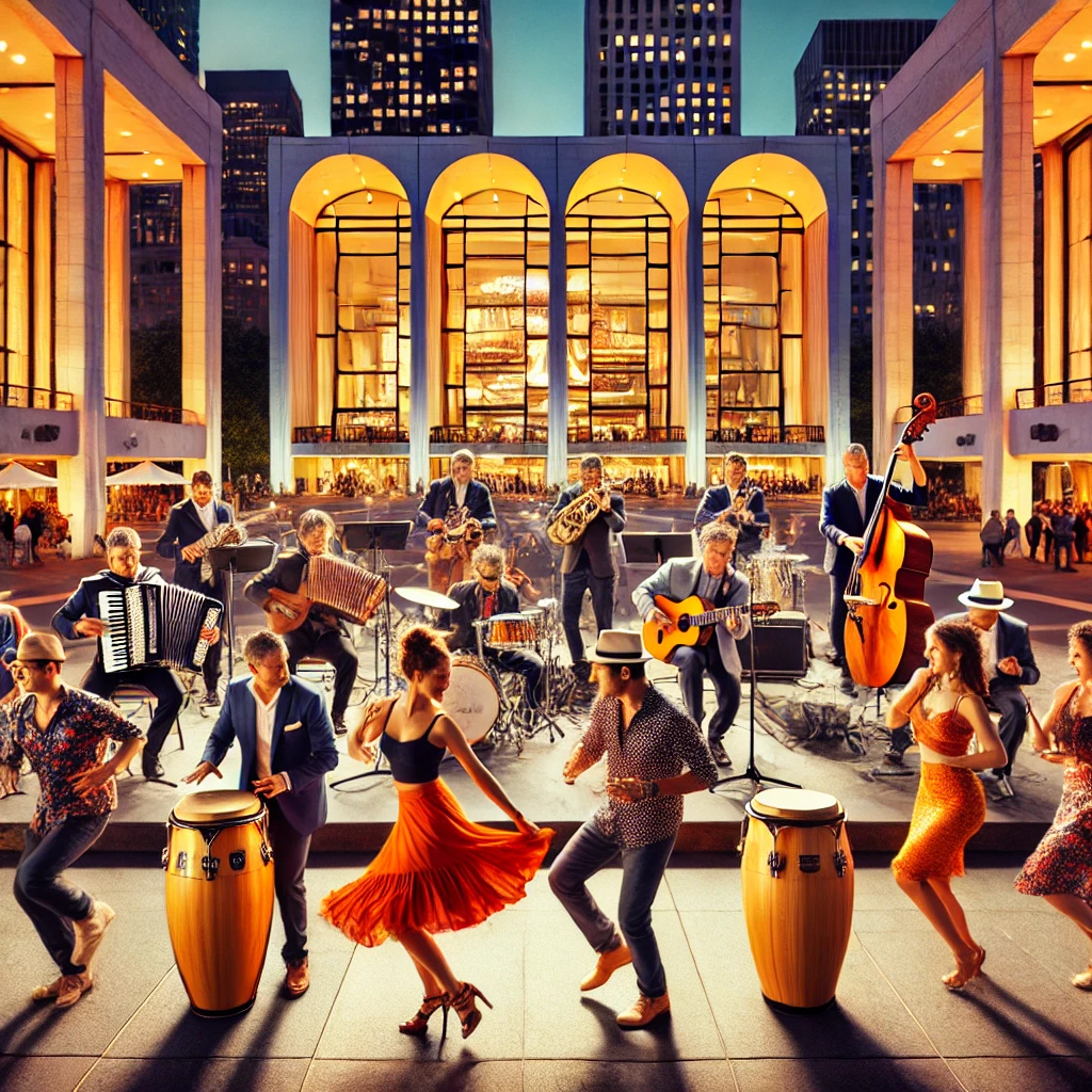 A vibrant scene of Latin music musicians performing on a bandstand in Lincoln Center Plaza, New York City