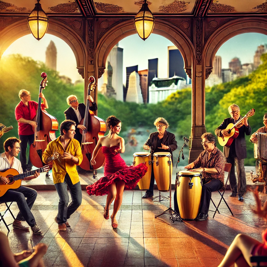 A lively scene of Latin music musicians performing on a bandstand in Central Park, New York City