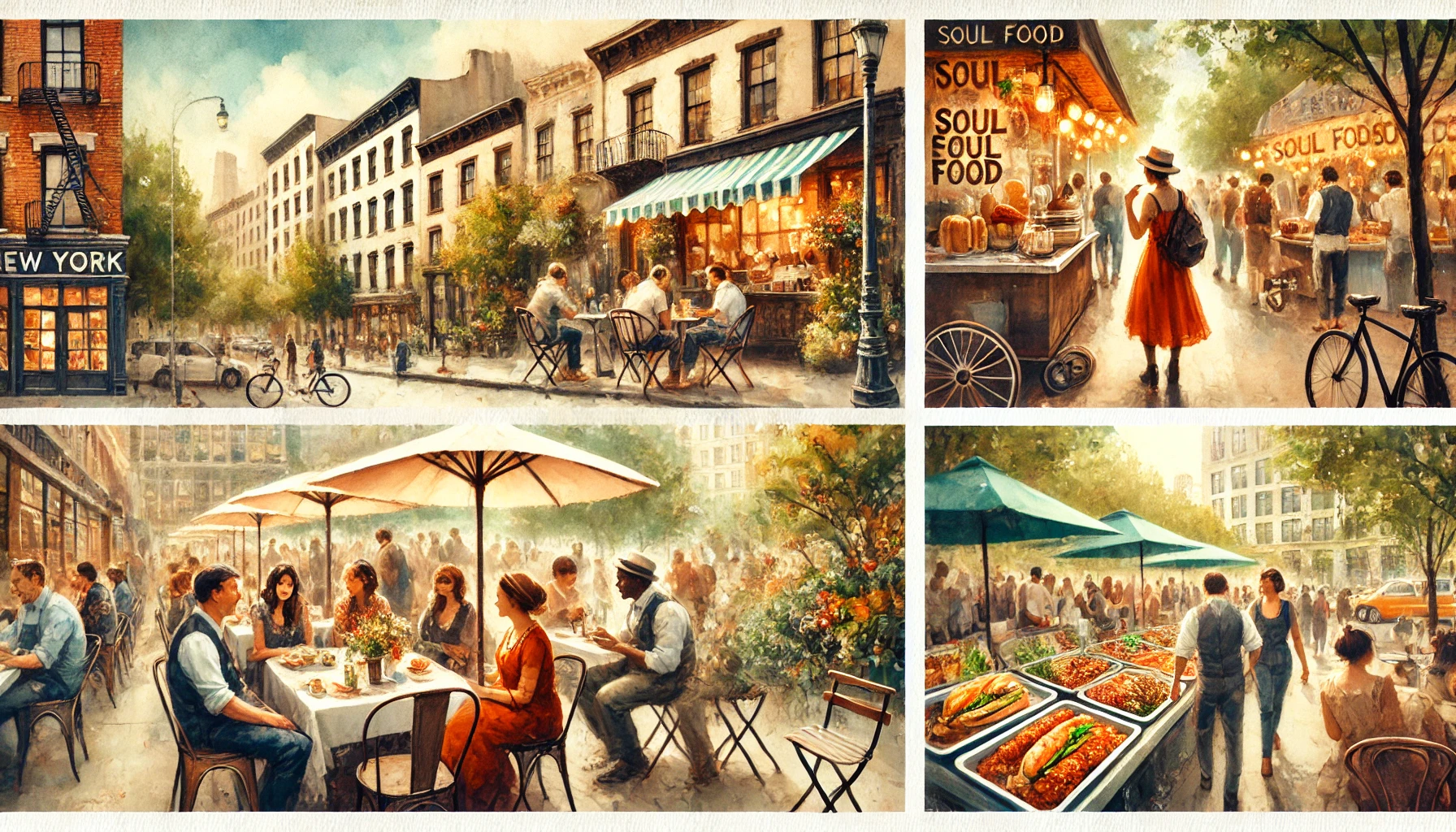 Scenes of guests dining in New York's Greenwich Village and SOHO neighborhoods in an article entitled New York Restaurant Cake Controversy Sparks Outrage on Openight.Online. Digital art by Edward Kliszus