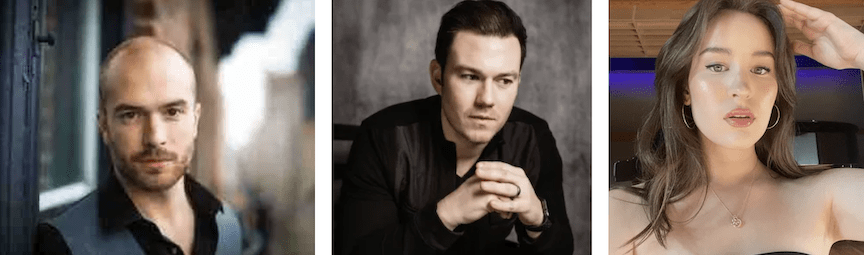 L-R John Brancy. Baritone. Photo by Gerard Collet. John Riesen, Tenor. Courtesy insagram.com:johnriesen. Eva Martinez, Soprano. Courtesy insagram.com:evamartinez
