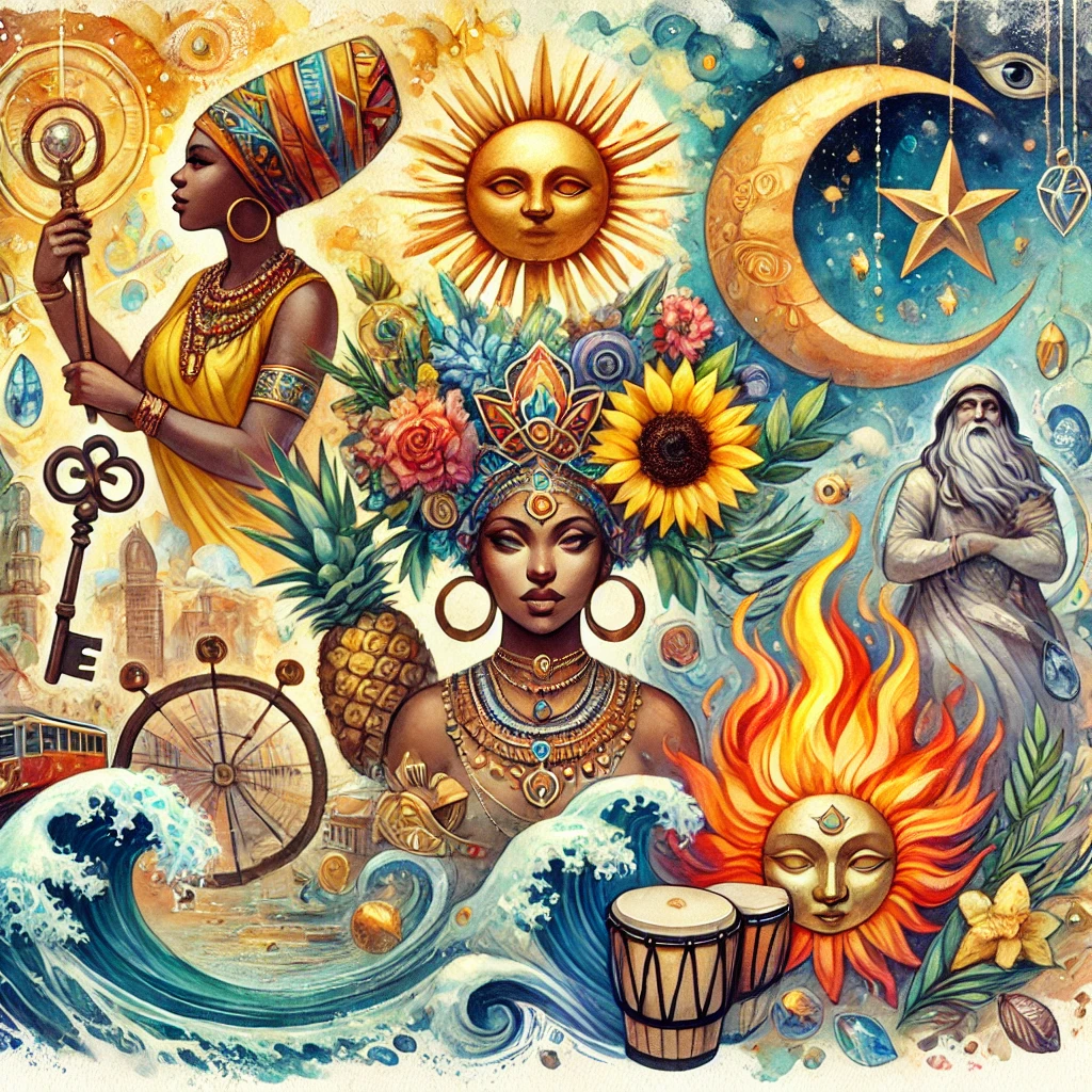 A collage celebrating the Orisha deities, capturing their unique energies and spiritual essence.