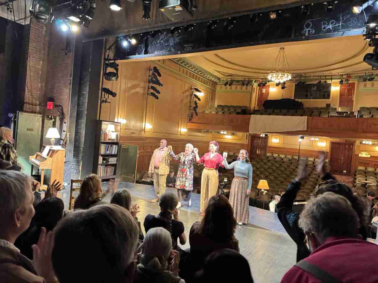 Standing ovations for L-R Eric McKeever (Dante), Lucy Shelton (Lili), Blythe Gaissert (Dr. Klugman), Cristina Maria Castro (Sunny). Photo by Edward Kliszus