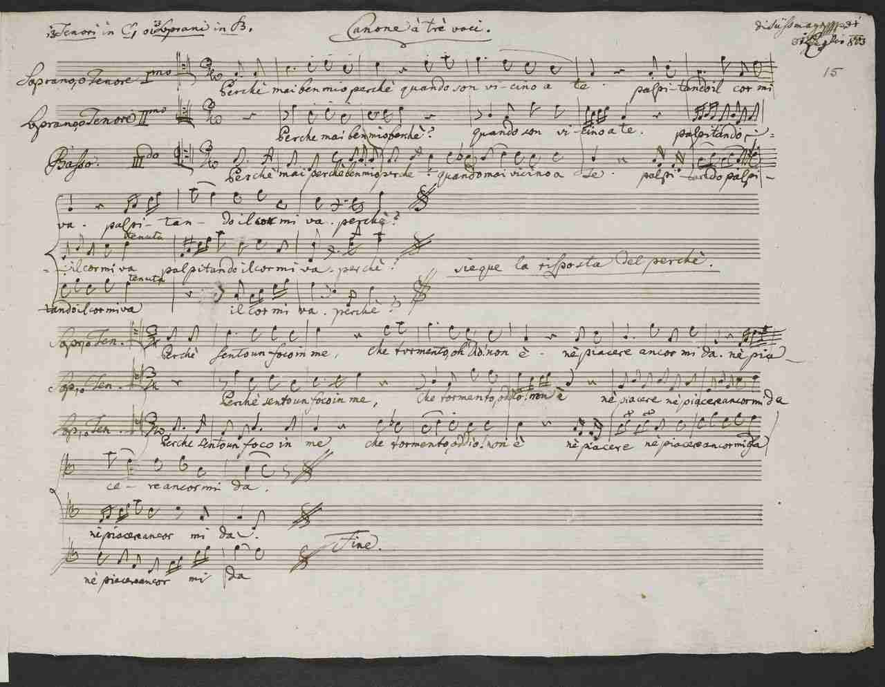 Franz Xaver Sussmayr - Perché mai ben mio (In the composer's hand) (BL Add MS 32181 f. 15r)