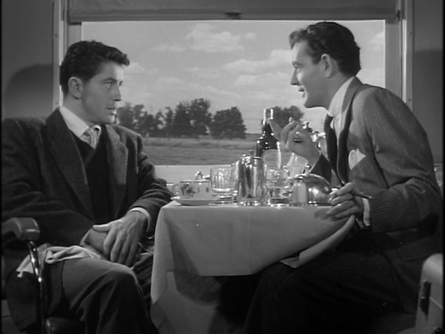 Guy Haines (Farley Granger) and Bruno Anthony (Robert Walker) in the dining car in Alfred Hitchcock's 1951 Strangers on a Train (trailer) Directed by Alfred Hitchcock, distributed by Warner Bros. Guy Haines (Farley Granger) and Bruno Anthony (Robert Walker) in the dining car in Alfred Hitchcock's 1951 Strangers on a Train (trailer) Directed by Alfred Hitchcock, distributed by Warner Bros., Public domain, via Wikimedia Commons