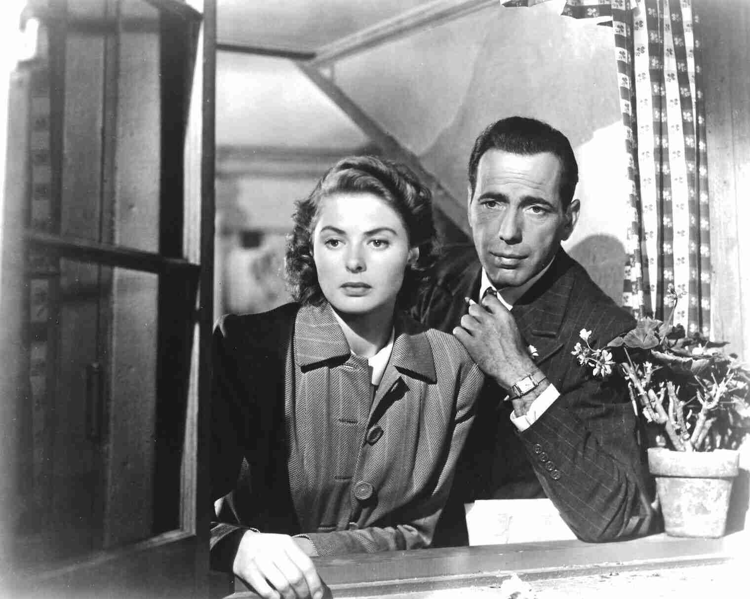 Ingrid Bergman and Humphrey Bogart in the American romantic drama film Casablanca (1942). Ingrid Bergman and Humphrey Bogart in the American romantic drama film Casablanca (1942). Unknown author, distributed by Warner Bros. Pictures, Public domain, via Wikimedia Commons