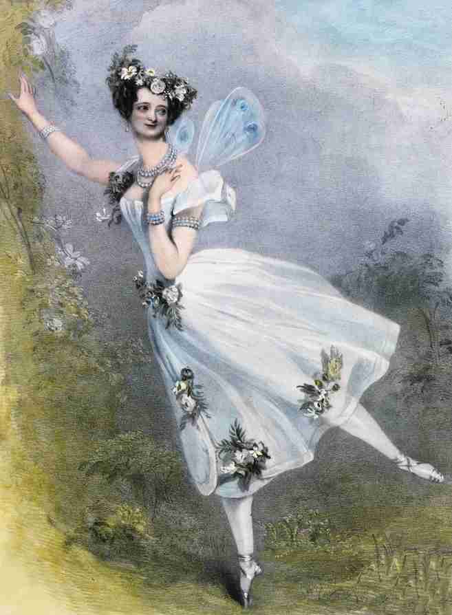 Marie Taglioni as Flore in Charles Didelot's ballet Zephire et Flore. Hand colored lithograph, circa 1831. Alfred Edward Chalon (1780–1860) (artist)Lane, Richard James (A.R.A.) (1800–1872) (lithographer)J. Dickinson (publisher), Public domain, via Wikimedia Commons