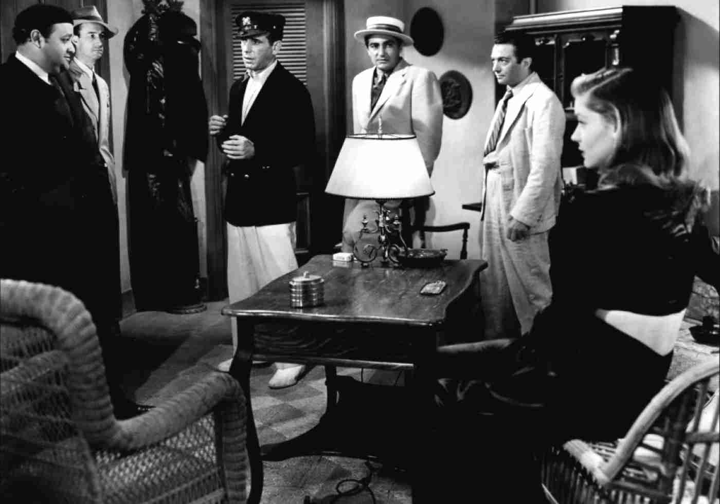 Promotional still from the 1944 film To Have and Have Not. Left to right- Dan Seymour, Aldo Nadi, Humphrey Bogart, Sheldon Leonard, Marcel Dalio and Lauren Bacall. Time Inc.; Warner Bros. photographer not credited, Public domain, via Wikimedia Commons