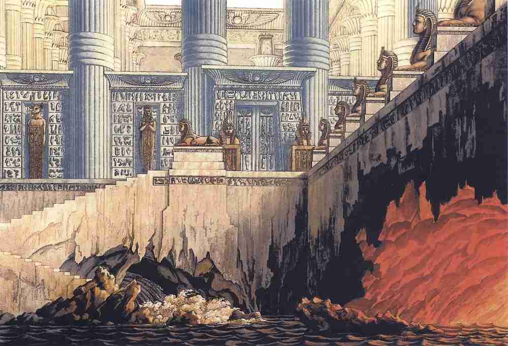 Scene design for Mozart's Magic Flute, test of fire and water, by Karl Friedrich Schinkel, Royal. Berlin Opera House, 1817. (Szenenentwurf zu Mozarts Zauberflöte, Feuer- und Wasserprobe, von Karl Friedrich Schinkel, Kgl. Opernhaus Berlin, 1817). Template:Creatory:Karl Friedrich Schinkel, Public domain, via Wikimedia Commons