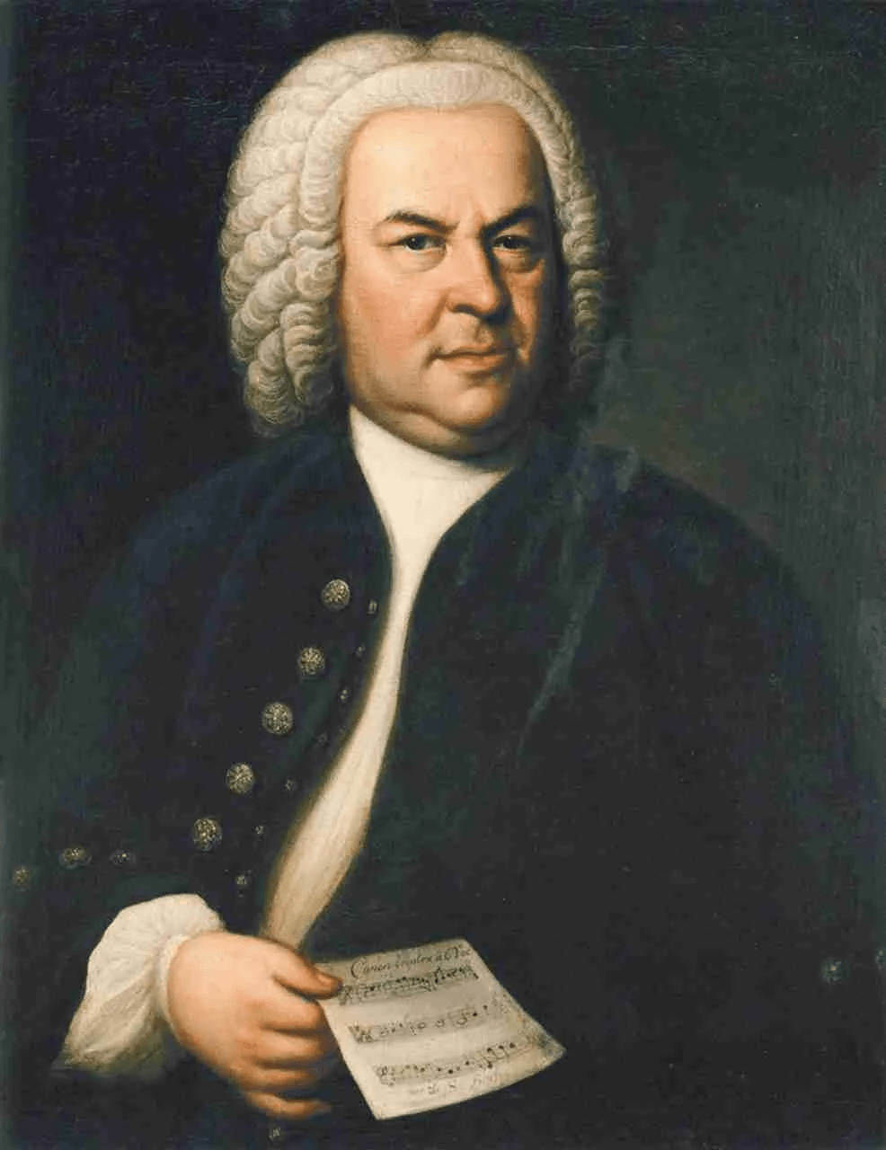 Johann Sebastian Bach (aged 61) in a portrait by Elias Gottlob Haussmann, second version of his 1746 canvas. Public Domain