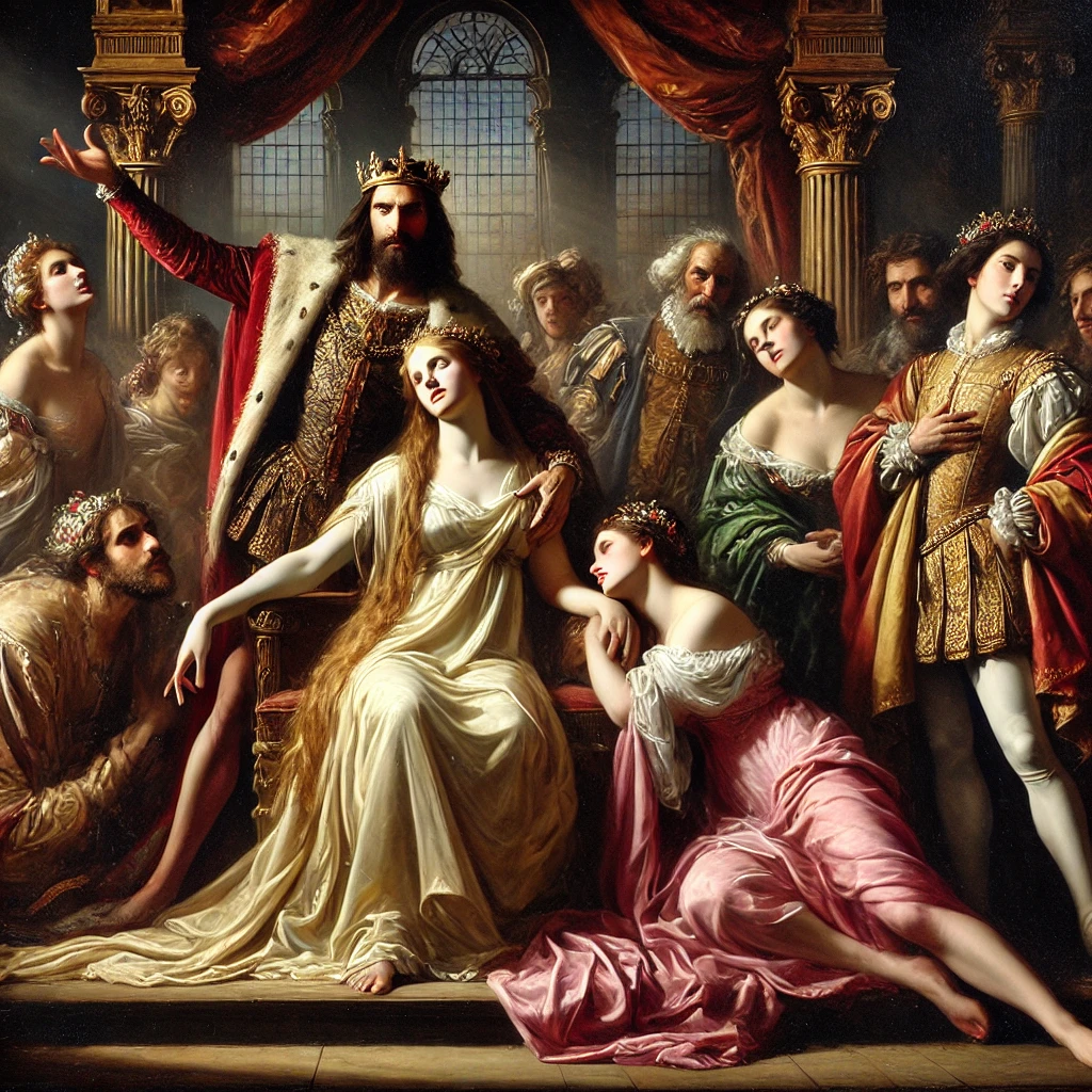 A celebration of Shakespeare's Cymbeline capturing the theatrical essence and rich emotions of a modern adaptation, Digital art by Edward Kliszus