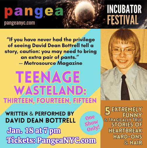 A publicity poster of David Dean Bottrell Performas A Teenage Wasteland at Pangea