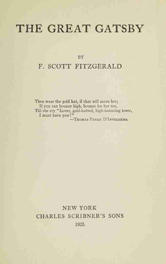 F. Scott Fitzgerald, The Great Gatsby, 1925, title page. F. Scott Fitzgerald, Public domain, via Wikimedia Commons