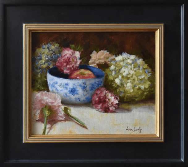 Hydrangeas, Carnation and Blue Bowl by Aida Garrity