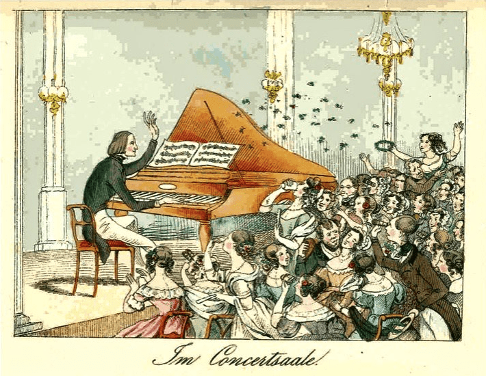“In the Concert Hall” during a performance of Franz Liszt. 1842 print from Stadtarchiv Weimar, the archives of the city of Weimar, Germany. In Heresies of Music: An A-Z Diagnostic Guide.