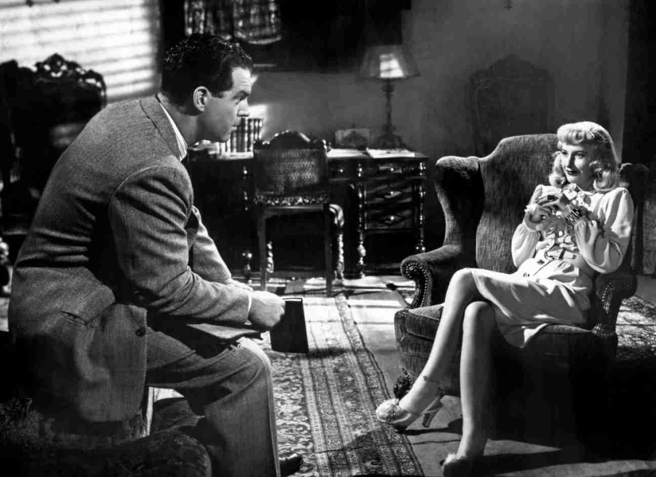 Fred McMurray and Barbara Stanwyck photographed in a promotional still from the 1944 film Double Indemnity. Time Inc.; photograph by Paramount Pictures (no photographer credited), Public domain, via Wikimedia Commons