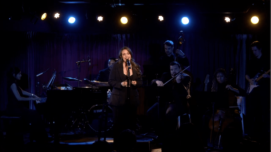 Sarah Anne Fernandez on stage in her show Don't Forget Me at The Green Room 42. Screen capture by Edward Kliszus