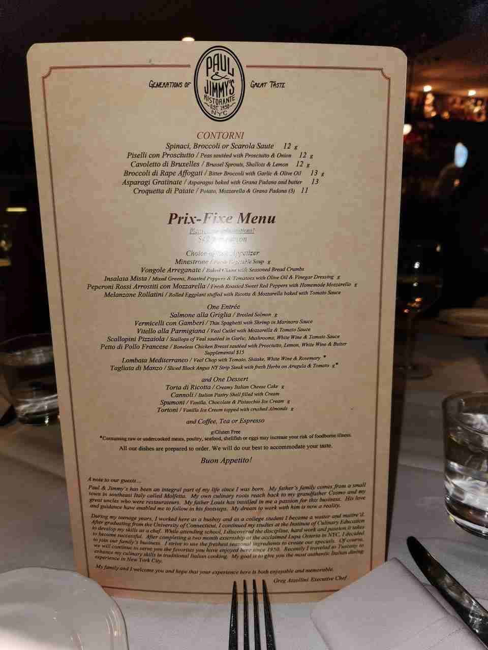 The Menu at Paul & Jimmy’s Ristorante. Photo by Sora Vernikoff