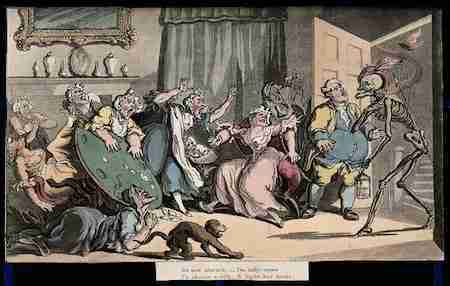 The Dance of Death; The Maiden Ladies. Coloured aquatint by Wellcome V0042010. CC BY 4.0 <https://creativecommons.org/licenses/by/4.0>, via Wikimedia Commons