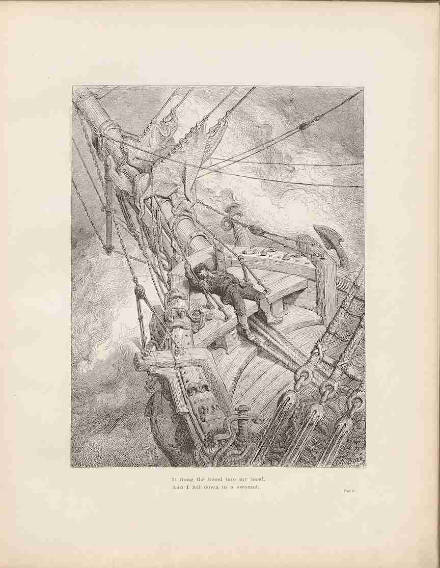 The Rime of the Ancient Mariner. State Library of Ohio, Public domain, via Wikimedia Commons ("It flung the blood into my head. And I fell down in a swound.")
