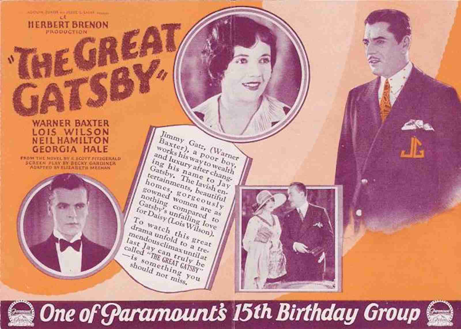 Theatrical poster for the American drama film The Great Gatsby (1926). w:Famous Players-Lasky/w:Paramount Pictures, Public domain, via Wikimedia Commons