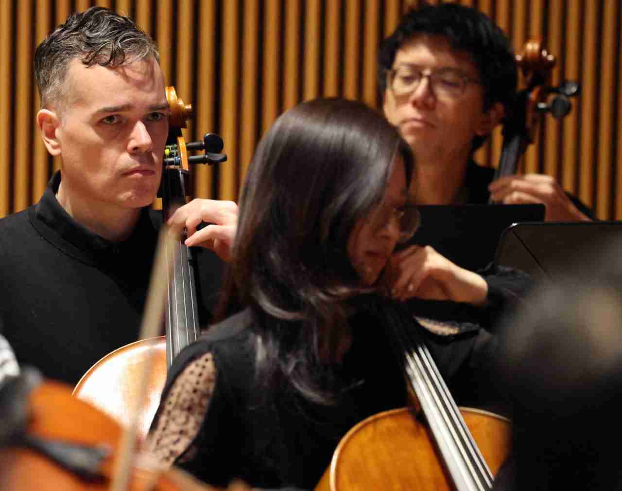 Cellists in the Park Avenue Chamber Symphony's "Immersive Mozart" concert experience at the DiMenna Center for Classical Music in New York City. Courtesy Park Avenue Chamber Symphony