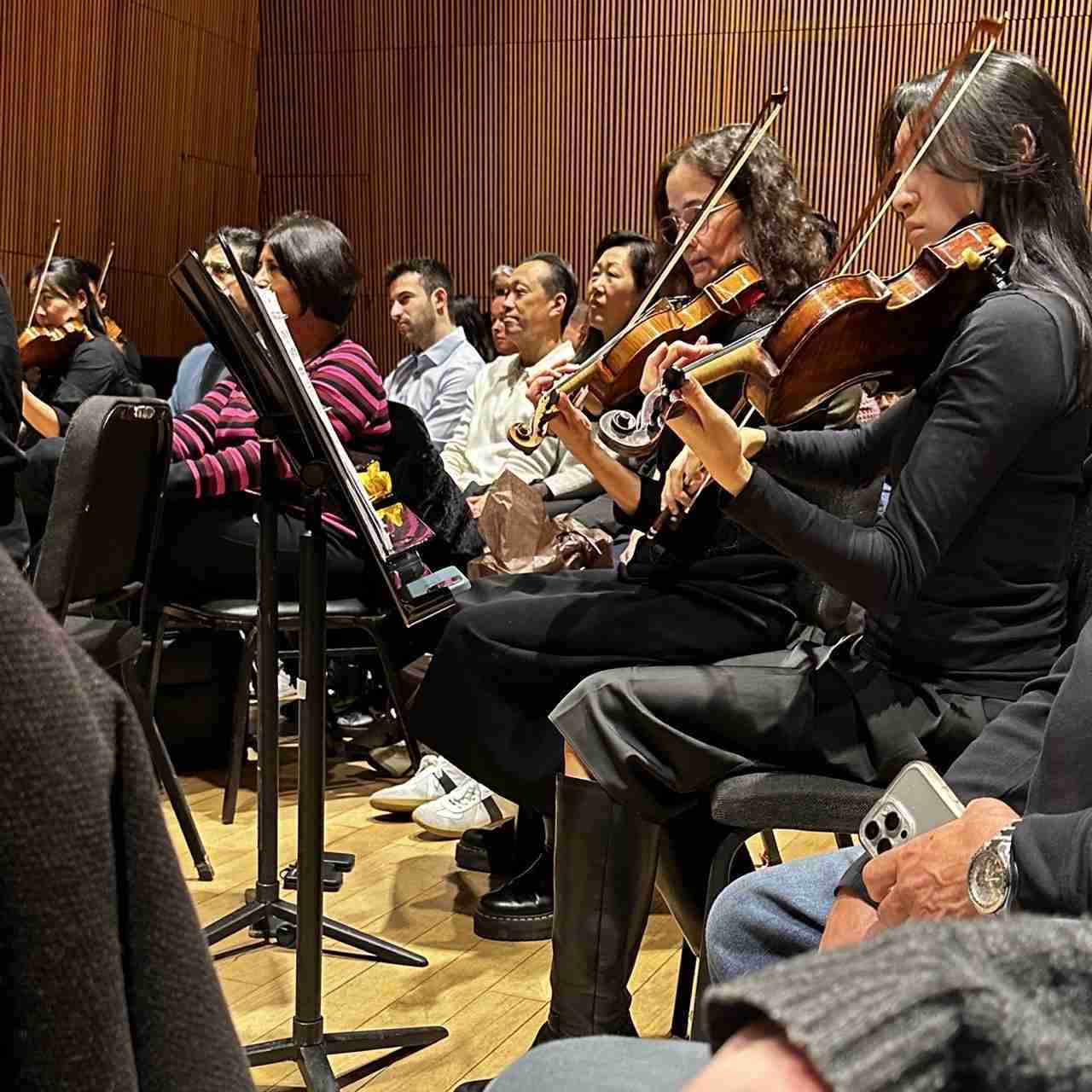 2025 - Looking right while sitting in the violin section with David Bernard and the Park Avenue Chamber Symphony in a concert entitled "Immersive Mozart" at the DiMenna Center for Classical Music in New York City. Photo by Edward Kliszus