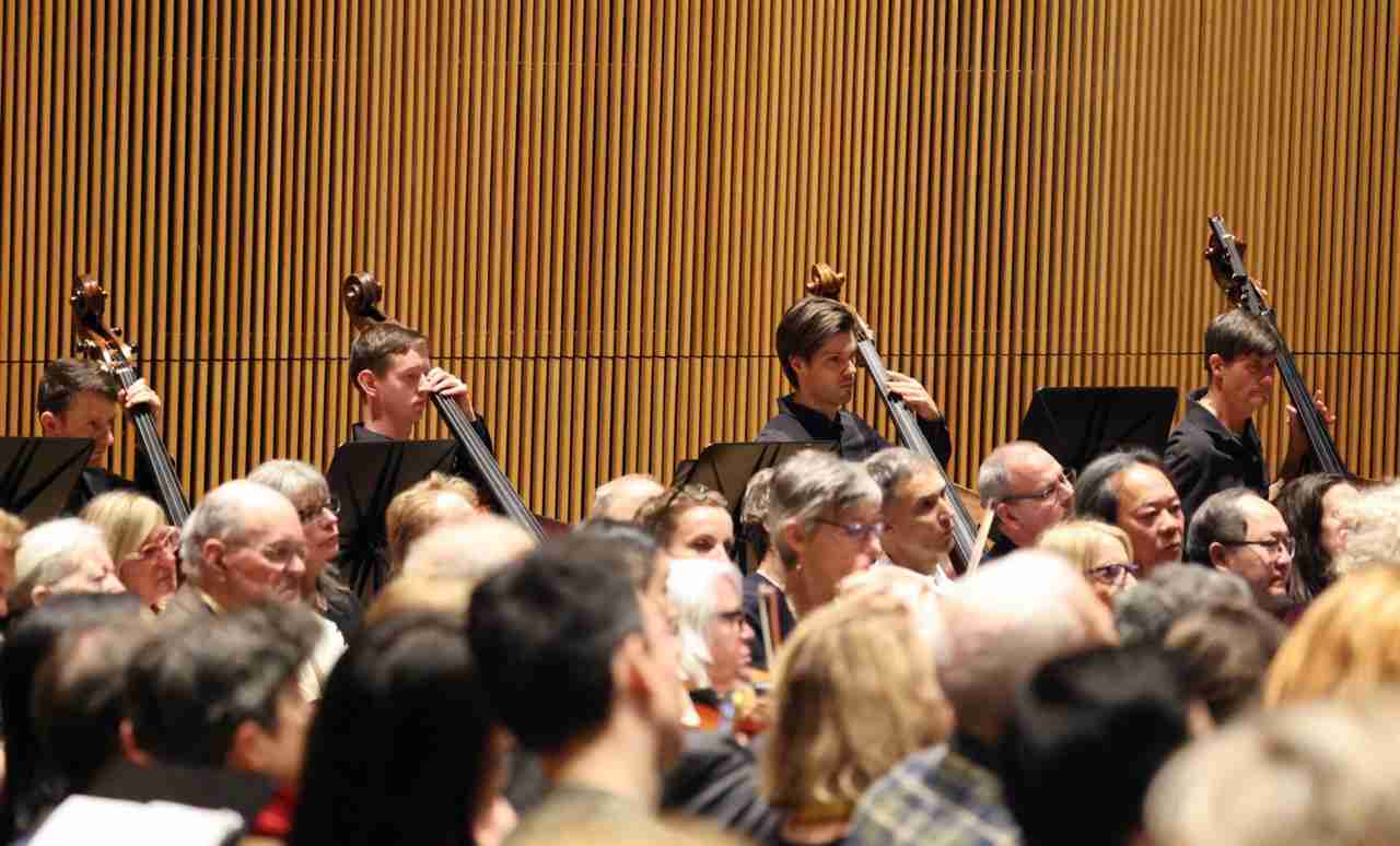 The double bass section in the Park Avenue Chamber Symphony's "Immersive Mozart" concert experience at the DiMenna Center for Classical Music in New York City. Courtesy Park Avenue Chamber Symphony