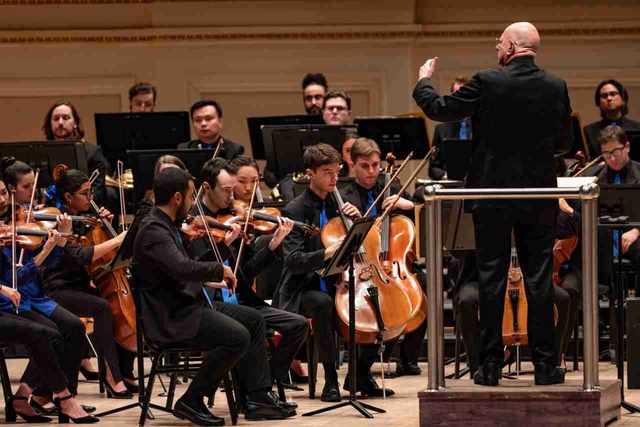 Part of the string section. Leon Botstein conducts The Orchestra Now in a program entitled Transcription as Translation at Carnegie Hall. Photo by Matt Dine