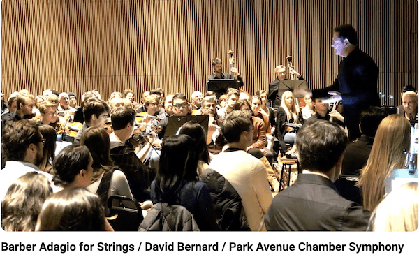 David Bernard leads the Park Avenue Chamber Symphony in a performance of Samuel Barber's "Adagio for Strings" at the DiMenna Center for Classical Music in New York City. (Screenshot)