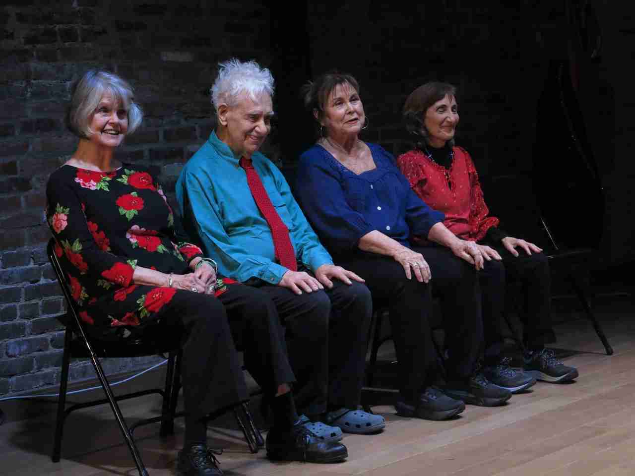 L-R: Sally Plass, Jonatha Ned Katz, Christine Koenig and Joanne Riel in "Above Ground - Not Exactly a Comedy," a stage work in which ten senior actors reflect on how they deal with the undeniable fact of getting old, regaling the audience with improvised personal experiences of maturity mixed with childhood memories. Directed by Nancy Gabor and Paul Binnerts, presented by La MaMa E.T.C. March 13 to 23, 2025. Photo by Jonathan Slaff.