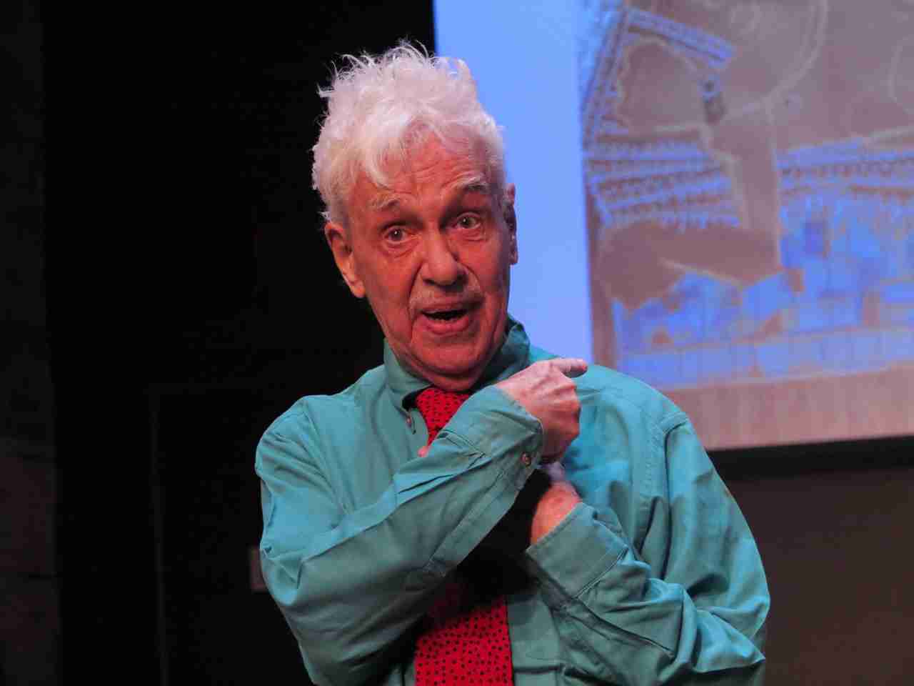 Jonathan Ned Katz in "Above Ground - Not Exactly a Comedy," a stage work in which ten senior actors reflect on how they deal with the undeniable fact of getting old, regaling the audience with improvised personal experiences of maturity mixed with childhood memories. Directed by Nancy Gabor and Paul Binnerts, presented by La MaMa E.T.C. March 13 to 23, 2025. Photo by Jonathan Slaff.