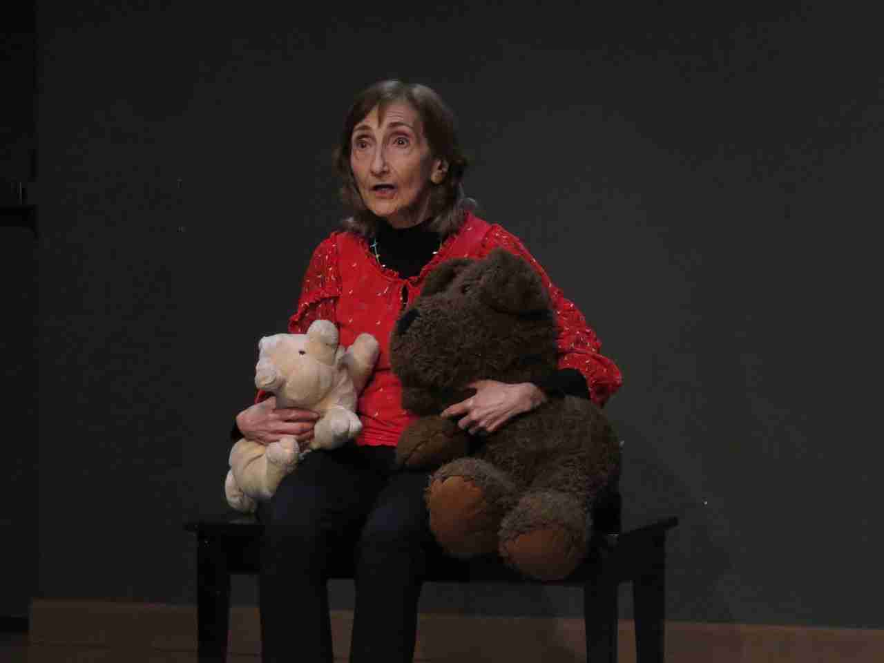 Joanne Riel in "Above Ground - Not Exactly a Comedy," a stage work in which ten senior actors reflect on how they deal with the undeniable fact of getting old, regaling the audience with improvised personal experiences of maturity mixed with childhood memories. Directed by Nancy Gabor and Paul Binnerts, presented by La MaMa E.T.C. March 13 to 23, 2025. Photo by Jonathan Slaff.