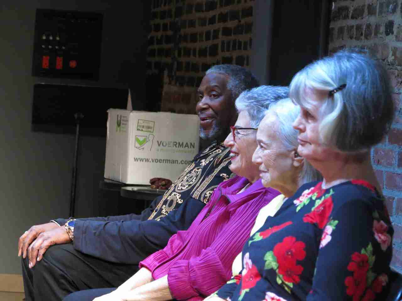 L-R: Harold Thomas, Nora Galer, Lorraine Marx-Singer and Saly Plass in "Above Ground - Not Exactly a Comedy," a stage work in which ten senior actors reflect on how they deal with the undeniable fact of getting old, regaling the audience with improvised personal experiences of maturity mixed with childhood memories. Directed by Nancy Gabor and Paul Binnerts, presented by La MaMa E.T.C. March 13 to 23, 2025. Photo by Jonathan Slaff.