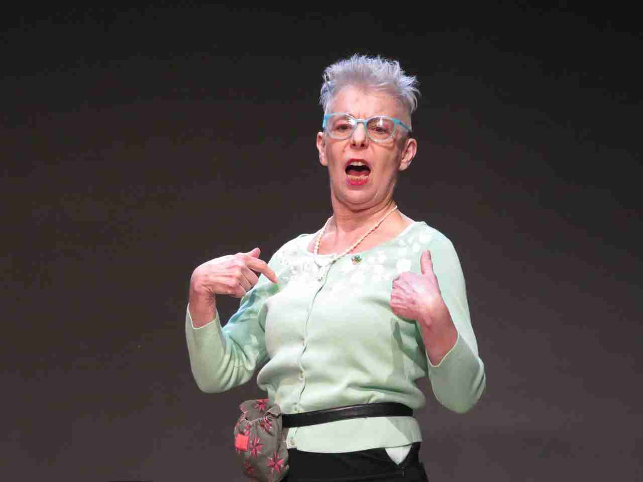 Ilana Abramovitch in "Above Ground - Not Exactly a Comedy," a stage work in which ten senior actors reflect on how they deal with the undeniable fact of getting old, regaling the audience with improvised personal experiences of maturity mixed with childhood memories. Directed by Nancy Gabor and Paul Binnerts, presented by La MaMa E.T.C. March 13 to 23, 2025. Photo by Jonathan Slaff.