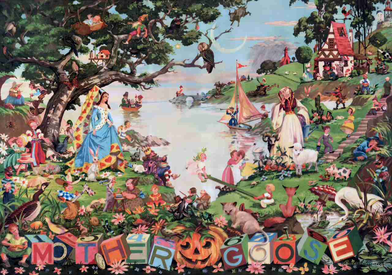 Mother Goose, oil painting by Paul Whitman, ca. 1938. A collection of characters from Mother Goose and Aesop's fables. ChrisPChapman, CC BY 4.0 <https://creativecommons.org/licenses/by/4.0>, via Wikimedia Commons
