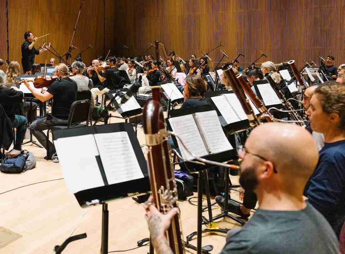 David Bernard leading the Park Avenue Chamber Symphony in a recording of Mahler's Symphony No. 9 at the DiMenna Center for Classical Music, New York City