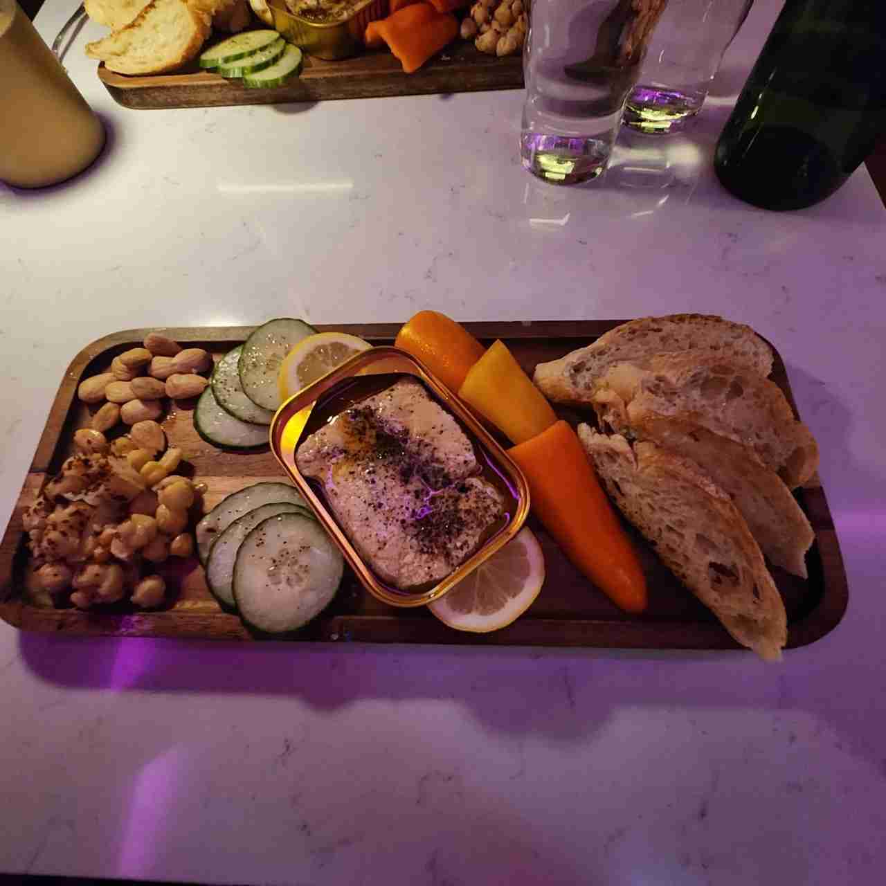 Chick peas, nuts, cucumbers, carrots and bread at Biblioteque Bookstore, Café and Wine Bar. Photo by Sora Vernikoff