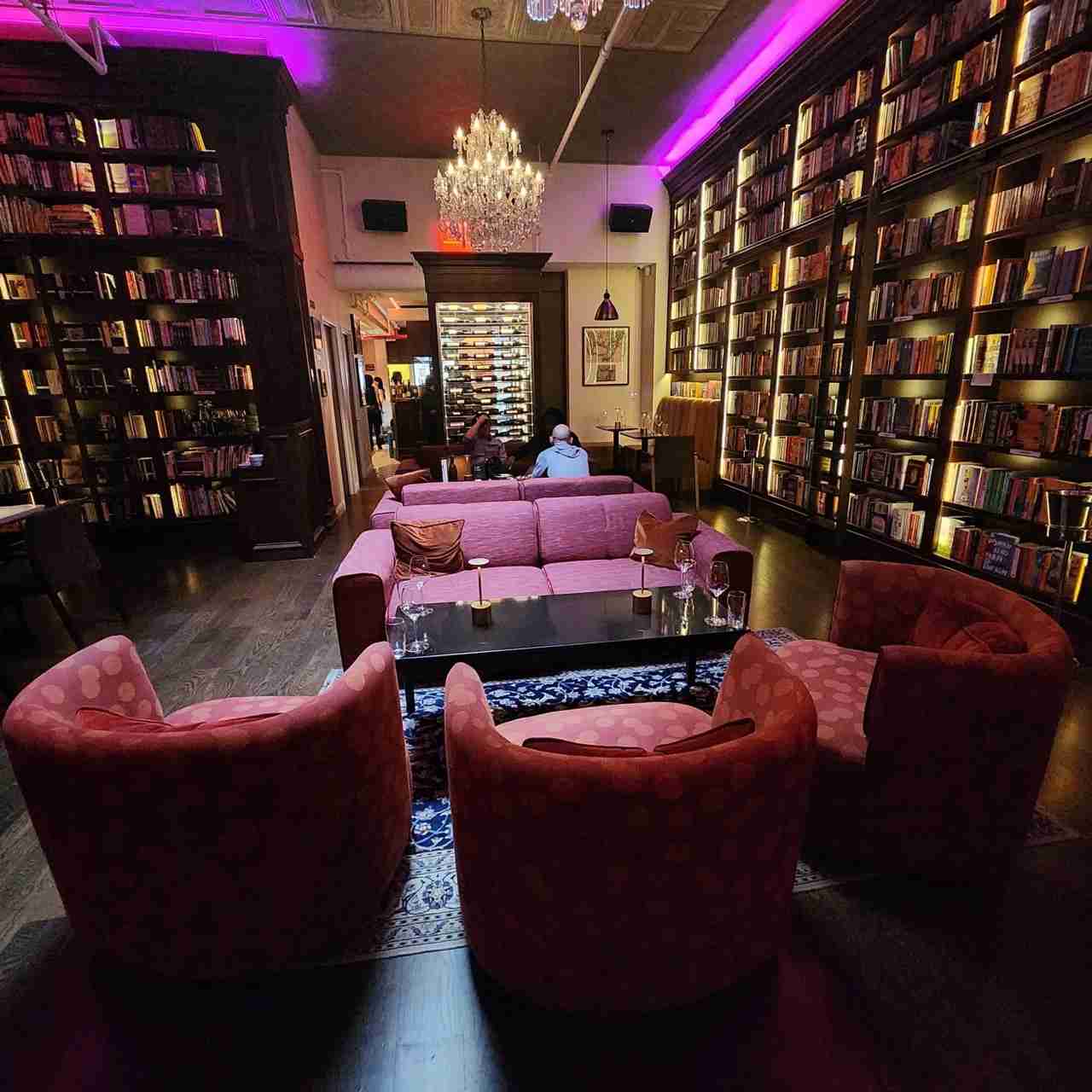 More books and seating at Biblioteque Bookstore, Café and Wine Bar. Photo by Sora Vernikoff