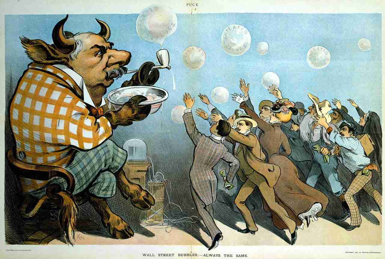 Cartoon, "Wall Street bubbles - Always the same" (1901). American financier J. P. Morgan is depicted as a bull, blowing soap bubbles for eager investors. (See Bull market). Several of the bubbles are labeled, "Inflated values." Seen behind Morgan is a stock ticker, a machine which provided current information on stock prices. By Udo Keppler, Public domain, via Wikimedia Commons